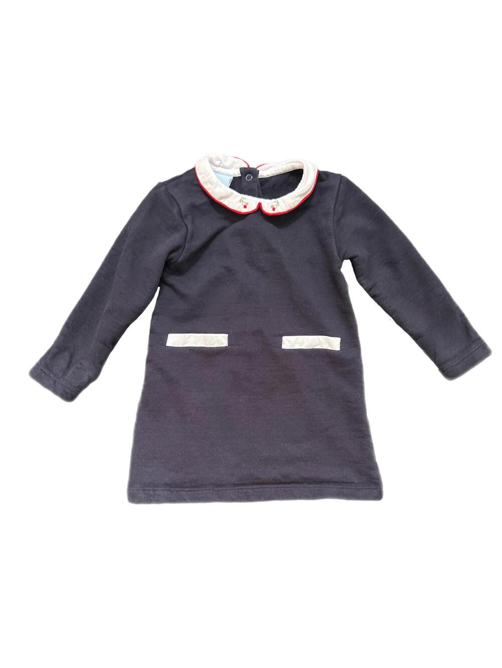 Bella Bliss Navy Dress with Peter Pan Collar & Embroidered Cherries - 24m